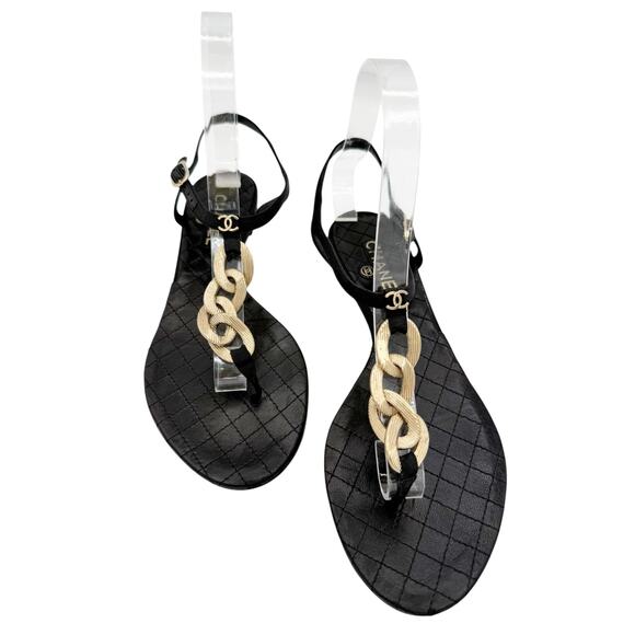 Chanel CC Logo Gold Chain Thong Sandals Black Quilted Leather EU 38.5 US 7.5-8 - Picture 11 of 11